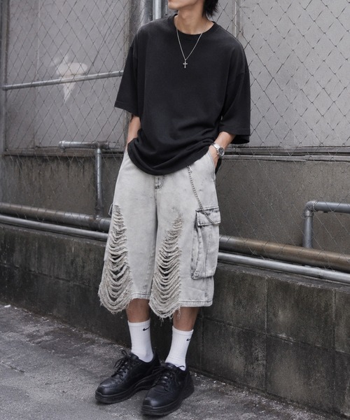 NYLAUS（ナイラス）の「【NYS】クラッシュダメージ カーゴハーフパンツ ショーツ カーゴパンツ デニムハーフパンツ（カーゴパンツ・メンズ・ブラック/グレー・L/M）」の7枚目の写真