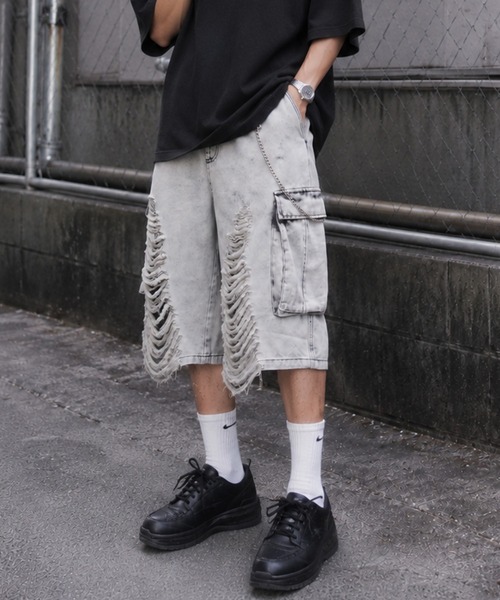 NYLAUS（ナイラス）の「【NYS】クラッシュダメージ カーゴハーフパンツ ショーツ カーゴパンツ デニムハーフパンツ（カーゴパンツ・メンズ・ブラック/グレー・L/M）」の6枚目の写真