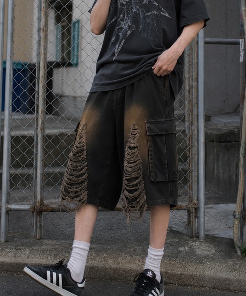 NYLAUS（ナイラス）の「【NYS】クラッシュダメージ カーゴハーフパンツ ショーツ カーゴパンツ デニムハーフパンツ（カーゴパンツ・メンズ・ブラック/グレー・L/M）」の3枚目の写真