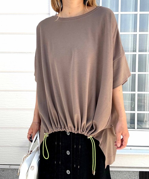 Q（キュー）の「COOL裾ドロストギャザープルオーバー（Tシャツ/カットソー・レディース・ピンク/モカ/ブラック・MEDIUM）」の2枚目の写真
