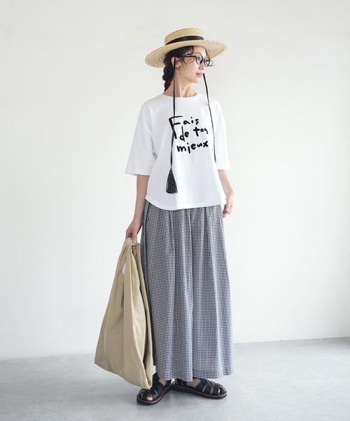SOLAMONAT（ソラモナ）の「パフ天竺　ハーフスリーブプリント　PO Fais（Tシャツ/カットソー・レディース・ブラック/杢グレー/ホワイト×グレー/ホワイト×ブラック/キナリ・FREE）」の13枚目の写真