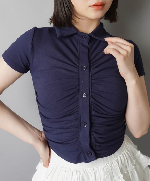 SPINNS(スピンズ)の「襟付き半袖シャツ/ギャザー(Tシャツ/カットソー・レディース・ネイビー/ブラック/オフホワイト/グレー・ONESIZE)」の19枚目の写真
