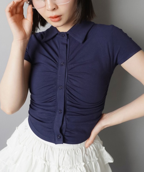 SPINNS(スピンズ)の「襟付き半袖シャツ/ギャザー(Tシャツ/カットソー・レディース・ネイビー/ブラック/オフホワイト/グレー・ONESIZE)」の18枚目の写真