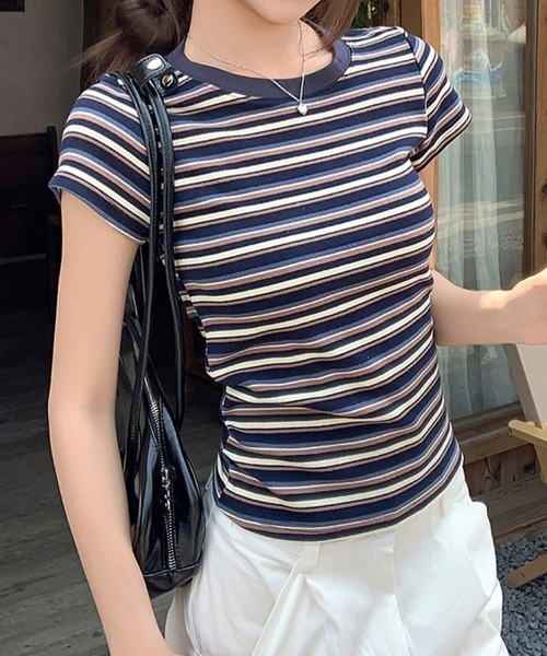 mielu(ミエル)の「配色ボーダーTシャツ(Tシャツ/カットソー・レディース・ブラウン/ネイビー/レッド・MEDIUM/LARGE)」の2枚目の写真