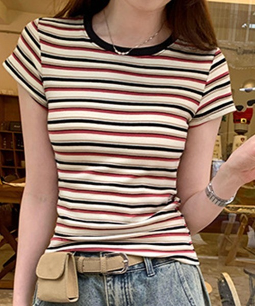 mielu(ミエル)の「配色ボーダーTシャツ(Tシャツ/カットソー・レディース・ブラウン/ネイビー/レッド・MEDIUM/LARGE)」の3枚目の写真