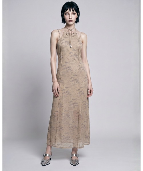 TAJEN:T(タジェント)の「【TAJEN:T】BONSAI PATTERN HALTER NECK SHEER LONG DRESS/ボンサイパターン ホルターネックシアー ロングワンピース(ワンピース・レディース・ブラック/ベージュ・1/2)」の1枚目の写真