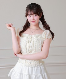 Anely スクエアネック レースアップ パフスリーブ ブラウス
