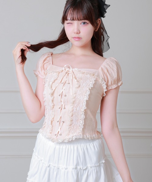 Anely(アネリー)の「Anely スクエアネック レースアップ パフスリーブ ブラウス(Tシャツ/カットソー・レディース・ホワイト/アイボリー/ピンク・FREE)」の6枚目の写真