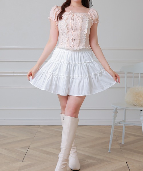 Anely(アネリー)の「Anely スクエアネック レースアップ パフスリーブ ブラウス(Tシャツ/カットソー・レディース・ホワイト/アイボリー/ピンク・FREE)」の7枚目の写真