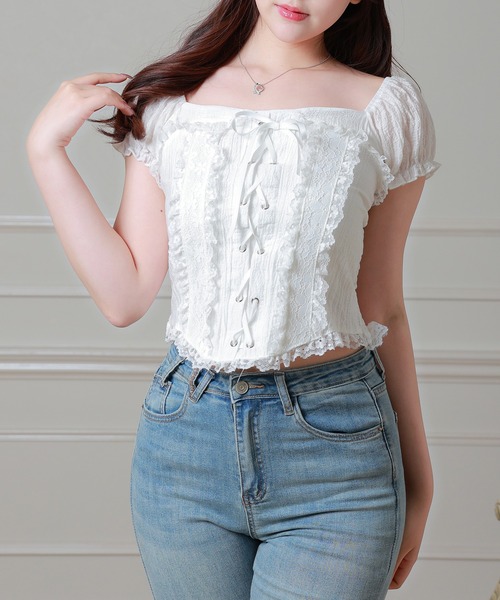 Anely(アネリー)の「Anely スクエアネック レースアップ パフスリーブ ブラウス(Tシャツ/カットソー・レディース・ホワイト/アイボリー/ピンク・FREE)」の22枚目の写真