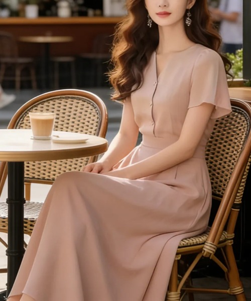 CHUL(チュル)の「フロントボタンフレアロングワンピース 半袖 きれいめ フェミニン ワンピース(ワンピース・レディース・ベージュ/アイボリー・X-LARGE/LARGE/MEDIUM/SMALL)」の4枚目の写真