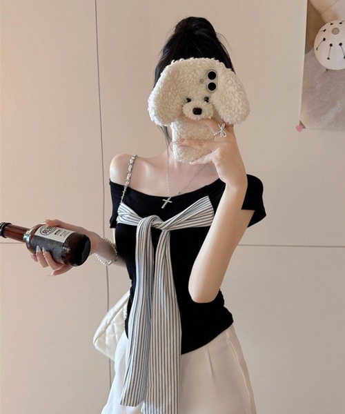 BENDER TOKYO（ベンダートウキョウ）の「＼大人ヘルシーな肌見せ／ フロントリボン オフショルダー 半袖 カットソー（Tシャツ/カットソー・レディース・ブラック/ホワイト/ネイビー/レッド・FREE）」の19枚目の写真