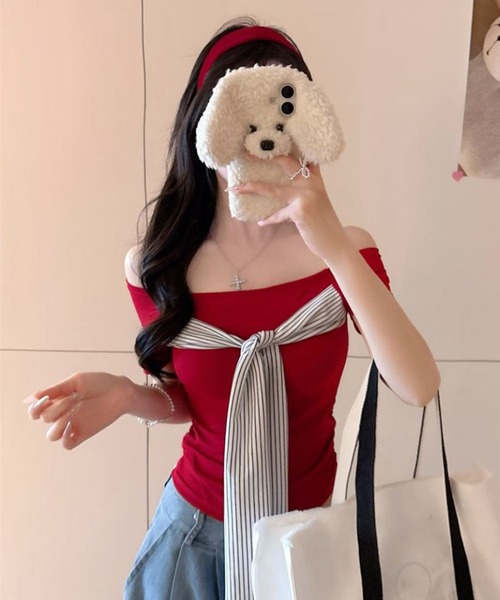 BENDER TOKYO（ベンダートウキョウ）の「＼大人ヘルシーな肌見せ／ フロントリボン オフショルダー 半袖 カットソー（Tシャツ/カットソー・レディース・ブラック/ホワイト/ネイビー/レッド・FREE）」の13枚目の写真