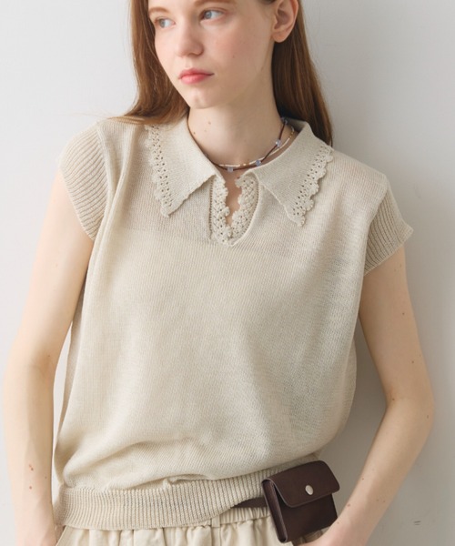 Crisp(クリスプ)の「scallop polo summer knit / スカラップポロサマーニット(ニット/セーター・レディース・アイボリー/ダークグレー・FREE)」の14枚目の写真