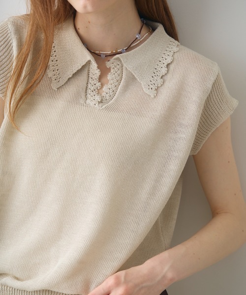 Crisp(クリスプ)の「scallop polo summer knit / スカラップポロサマーニット(ニット/セーター・レディース・アイボリー/ダークグレー・FREE)」の15枚目の写真