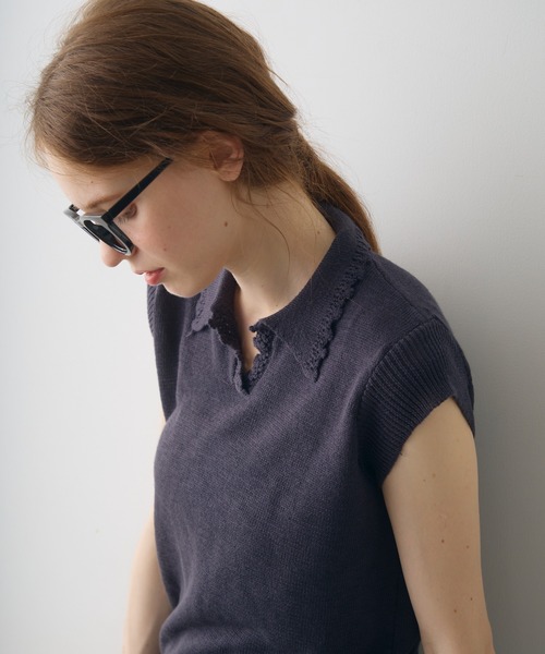 Crisp(クリスプ)の「scallop polo summer knit / スカラップポロサマーニット(ニット/セーター・レディース・アイボリー/ダークグレー・FREE)」の8枚目の写真