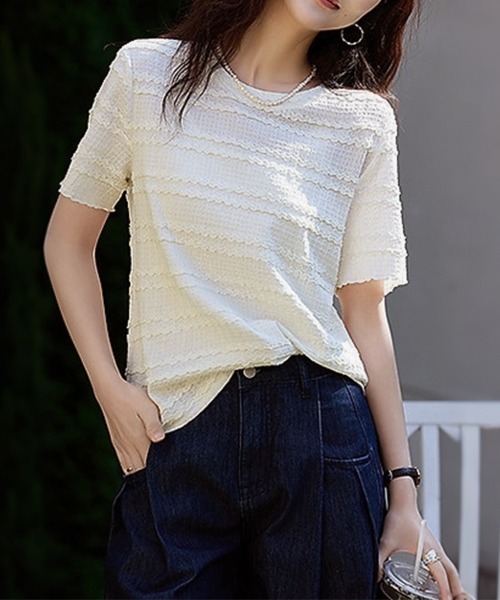 ONEP STAR（ワンピスター）の「表面感クルーネック半袖カットソー（Tシャツ/カットソー・レディース・ベージュ・X-LARGE/LARGE/MEDIUM）」の7枚目の写真