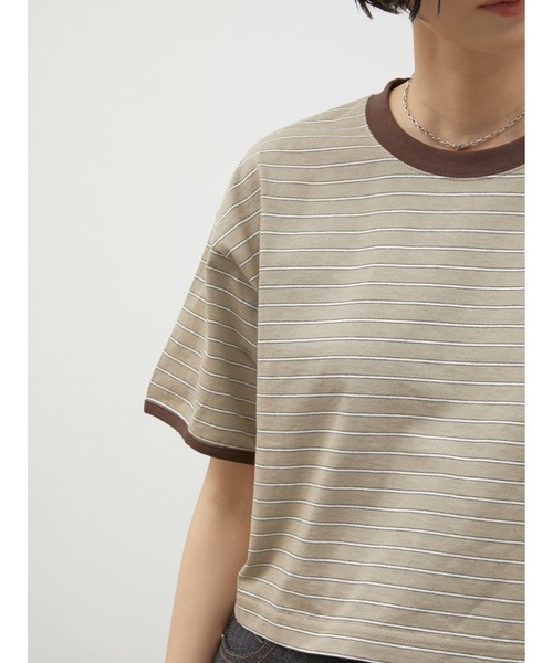 LA PEAU DE GEM(ラポドゥジェム)の「【LA PEAU DE GEM】ringer border tee/リンガーボーダーT(Tシャツ/カットソー・レディース・ブラウン/グリーン・FREE)」の6枚目の写真