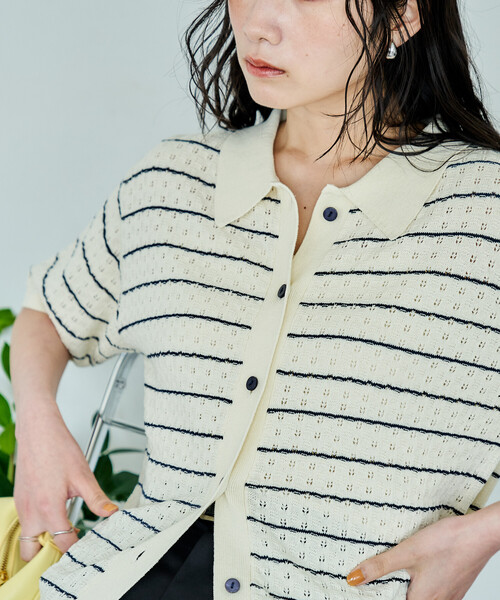FREAK'S STORE(フリークスストア)の「メッシュポロ プルオーバー/サマーニットカーディガン(ニット/セーター・レディース・ブルー/オフホワイト/ブラック・フリ-)」の2枚目の写真