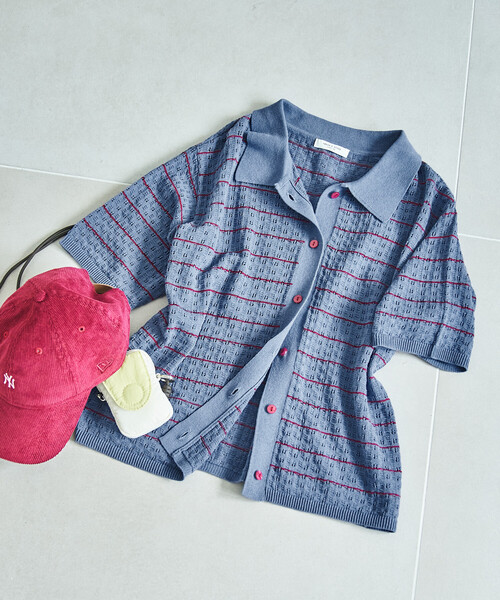 FREAK'S STORE(フリークスストア)の「メッシュポロ プルオーバー/サマーニットカーディガン(ニット/セーター・レディース・ブルー/オフホワイト/ブラック・フリ-)」の3枚目の写真