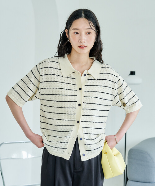 FREAK'S STORE(フリークスストア)の「メッシュポロ プルオーバー/サマーニットカーディガン(ニット/セーター・レディース・ブルー/オフホワイト/ブラック・フリ-)」の4枚目の写真
