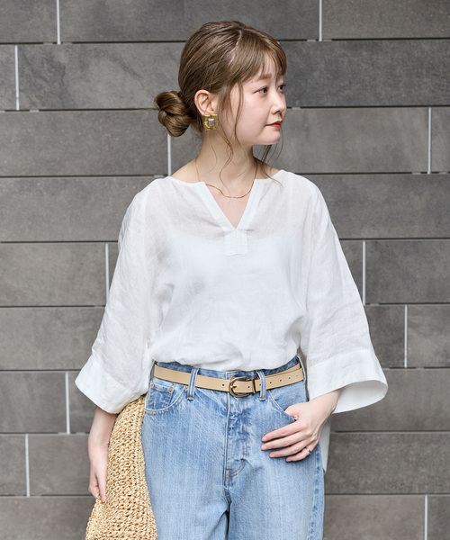 45R リネンの908Tシャツ スキッパーブラウス 半袖 生成 ベージュ セール】《追加3》手洗い可 / フレンチリネンワイドスキッパーブラウス