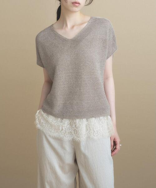 cloenc(クロエンス)の「【UVカット/抗菌防臭】ラメガーター フレンチスリーブニット(ニット/セーター・レディース・ベージュ/チャコールグレー/パープル/ナチュラル/サックスブルー・02)」の2枚目の写真