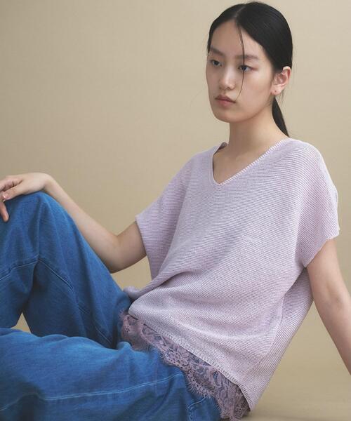 cloenc(クロエンス)の「【UVカット/抗菌防臭】ラメガーター フレンチスリーブニット(ニット/セーター・レディース・ベージュ/チャコールグレー/パープル/ナチュラル/サックスブルー・02)」の5枚目の写真