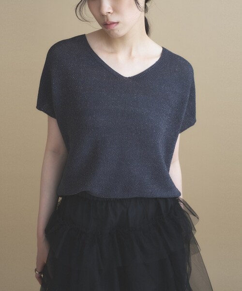 cloenc(クロエンス)の「【UVカット/抗菌防臭】ラメガーター フレンチスリーブニット(ニット/セーター・レディース・ベージュ/チャコールグレー/パープル/ナチュラル/サックスブルー・02)」の1枚目の写真