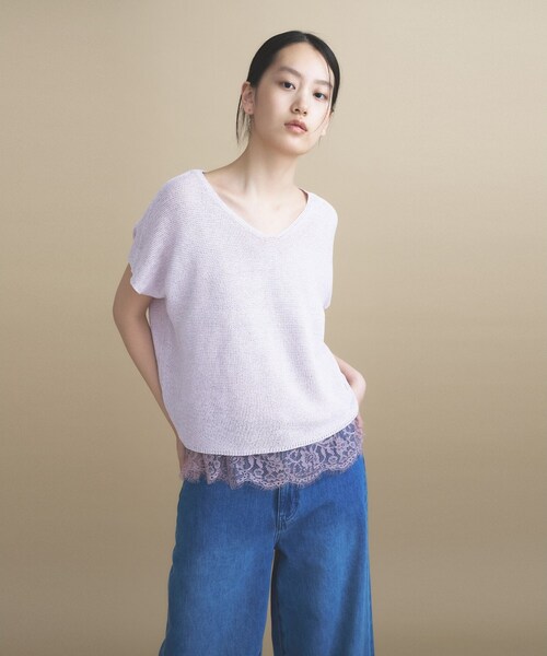 cloenc(クロエンス)の「AIRYDRY ラメガーターフレンチスリーブニット【UVカット/抗菌防臭】(ニット/セーター・レディース・ベージュ/チャコールグレー/パープル/ナチュラル/サックスブルー・02)」の10枚目の写真