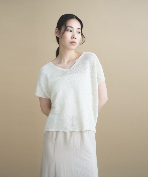 cloenc(クロエンス)の「【UVカット/抗菌防臭】ラメガーター フレンチスリーブニット(ニット/セーター・レディース・ベージュ/チャコールグレー/パープル/ナチュラル/サックスブルー・02)」の11枚目の写真