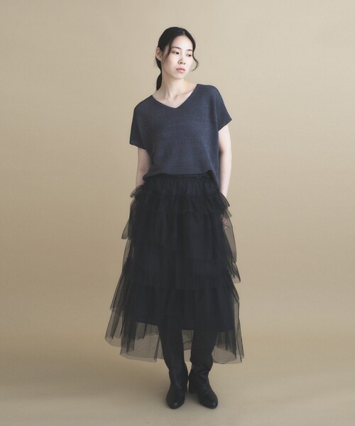 cloenc(クロエンス)の「【UVカット/抗菌防臭】ラメガーター フレンチスリーブニット(ニット/セーター・レディース・ベージュ/チャコールグレー/パープル/ナチュラル/サックスブルー・02)」の15枚目の写真