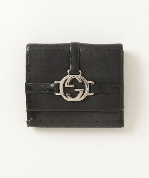 美品 GUCCI グッチ インターロッキングG 二つ折り財布 レザー ブラック ブランド古着】インターロッキングG パンチングレザー 二つ折り財布