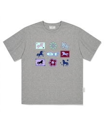 ユニコーンビンゴプリントオーバーサイズ半袖Tシャツグレー