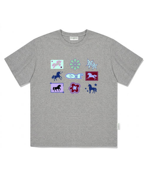 ESCAPEFROM(エスケープフロム)の「ユニコーンビンゴプリントオーバーサイズ半袖Tシャツグレー(Tシャツ/カットソー・レディース・その他・LARGE/MEDIUM/SMALL)」の1枚目の写真