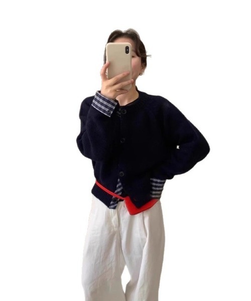 Ritzy(リッツィー)の「袖口チェック切替 クロップドニットカーディガン(カーディガン/ボレロ・レディース・ネイビー/グレー/ベージュ・FREE)」の6枚目の写真