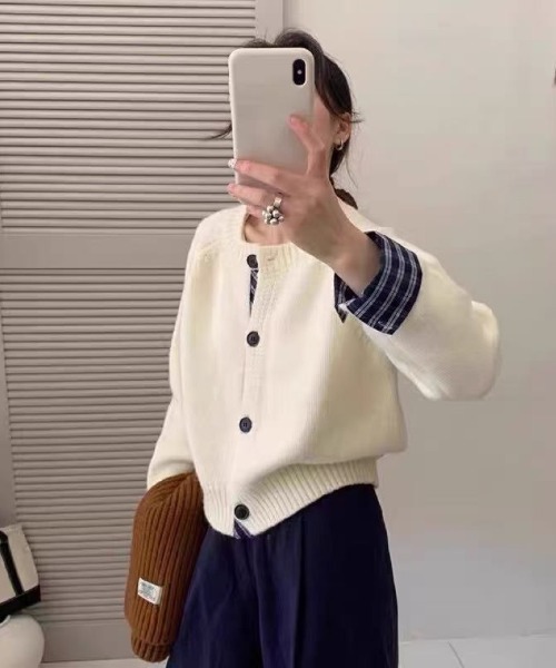 Ritzy(リッツィー)の「袖口チェック切替 クロップドニットカーディガン(カーディガン/ボレロ・レディース・ネイビー/グレー/ベージュ・FREE)」の8枚目の写真