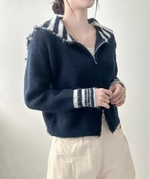ボーダーセーラーカラージップアップニットカーディガン