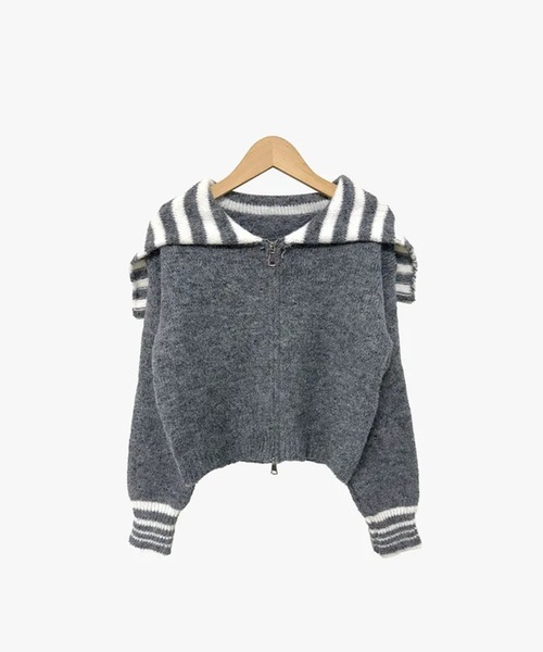 Girly Doll(ガーリードール)の「ボーダーセーラーカラージップアップニットカーディガン(ニット/セーター・レディース・ブラウン/グレー/ネイビー/ベージュ・FREE)」の10枚目の写真