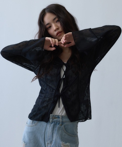 Clum(クルム)の「sheer ribbon cardigan / シアーリボンカーディガン(カーディガン/ボレロ・レディース・ブラック・LARGE/X-LARGE/MEDIUM)」の2枚目の写真