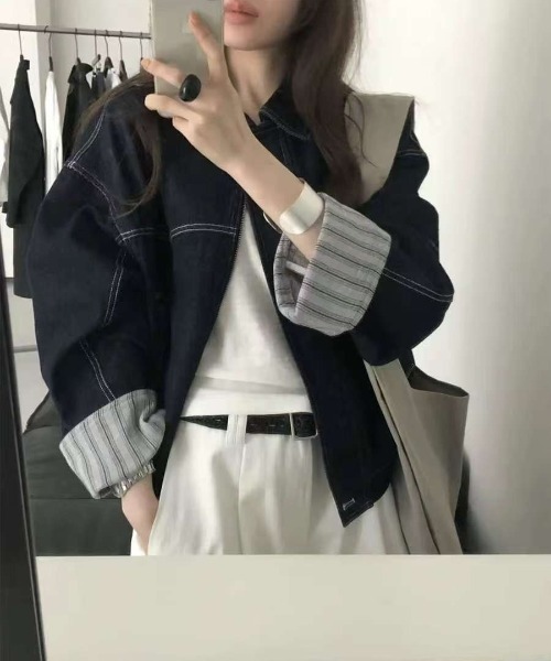 Teem Store(チームストア)の「袖ストライプ折り返し ステッチルーズデニムジャケット(デニムジャケット・レディース・ブルー・M)」の1枚目の写真