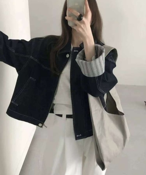 Teem Store(チームストア)の「袖ストライプ折り返し ステッチルーズデニムジャケット(デニムジャケット・レディース・ブルー・M)」の2枚目の写真