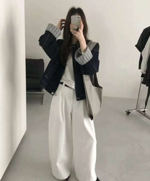 Teem Store(チームストア)の「袖ストライプ折り返し ステッチルーズデニムジャケット(デニムジャケット・レディース・ブルー・M)」の5枚目の写真