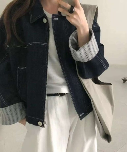 Teem Store(チームストア)の「袖ストライプ折り返し ステッチルーズデニムジャケット(デニムジャケット・レディース・ブルー・M)」の6枚目の写真