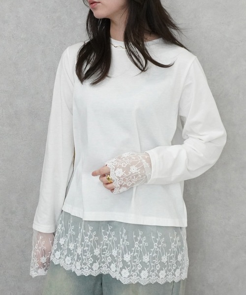 SELECT LEVERY(セレクトリベリー)の「シアーレースドッキングTシャツ(Tシャツ/カットソー・レディース・ブラック/グレー/オフホワイト/ピンク・FREE)」の2枚目の写真