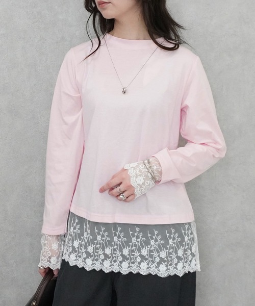 SELECT LEVERY(セレクトリベリー)の「シアーレースドッキングTシャツ(Tシャツ/カットソー・レディース・ブラック/グレー/オフホワイト/ピンク・FREE)」の4枚目の写真