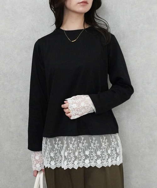 SELECT LEVERY(セレクトリベリー)の「シアーレースドッキングTシャツ(Tシャツ/カットソー・レディース・ブラック/グレー/オフホワイト/ピンク・FREE)」の1枚目の写真