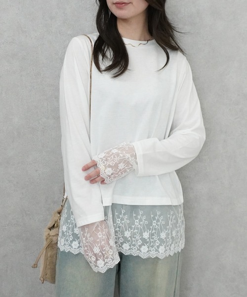 SELECT LEVERY(セレクトリベリー)の「シアーレースドッキングTシャツ(Tシャツ/カットソー・レディース・ブラック/グレー/オフホワイト/ピンク・FREE)」の5枚目の写真