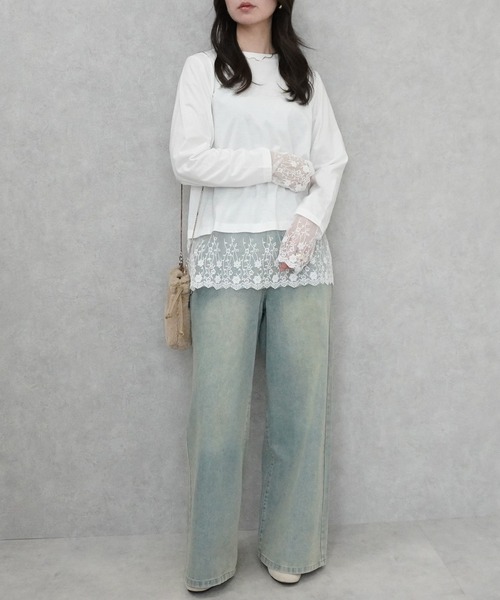 SELECT LEVERY(セレクトリベリー)の「シアーレースドッキングTシャツ(Tシャツ/カットソー・レディース・ブラック/グレー/オフホワイト/ピンク・FREE)」の6枚目の写真