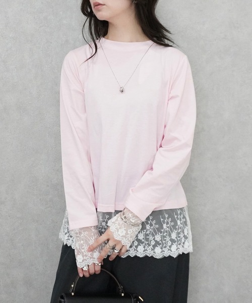SELECT LEVERY(セレクトリベリー)の「シアーレースドッキングTシャツ(Tシャツ/カットソー・レディース・ブラック/グレー/オフホワイト/ピンク・FREE)」の9枚目の写真